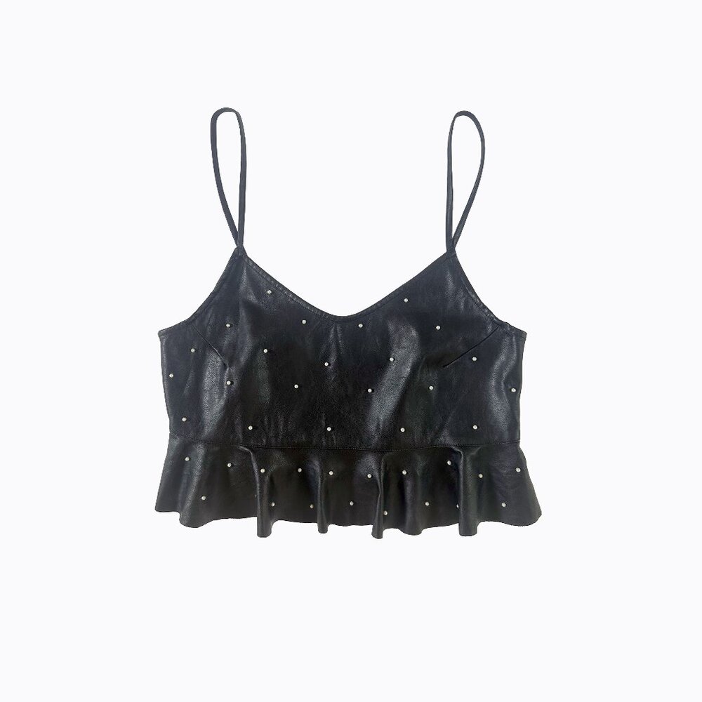 Pearl-Studded Black Leather Crop Top Sz S Ruffle V-Neck Y2K Whimsigoth Coquette